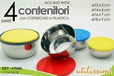 CIOTOLA ACCIAIO INOX CON COPERCHIO PLASTICA SET 4PZ