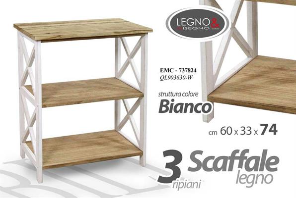 SCAFFALE LEGNO 3 RIPIANI 60 X 33 X 74 CM COLORE BIANCO