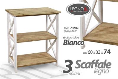 SCAFFALE LEGNO 3 RIPIANI 60 X 33 X 74 CM COLORE BIANCO
