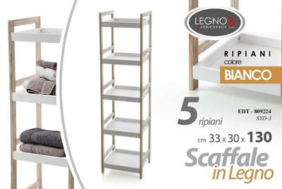 SCAFFALE LEGNO 5 RIPIANI 33 X 30 X 130 CM BIANCO
