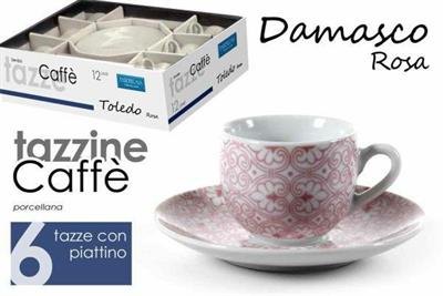 TAZZA CAFFE' CON PIATTINO CONF.6PZ DECORO DAMASCO ROSA