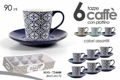 TAZZA CAFFE' 90ML CON PIATTINO CONF.6PZ COLORI ASS.
