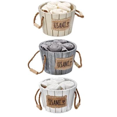 ASCIUGAMANI SET 4 PZ 30 X 30 CM CON CESTINO LEGNO 3 ASS