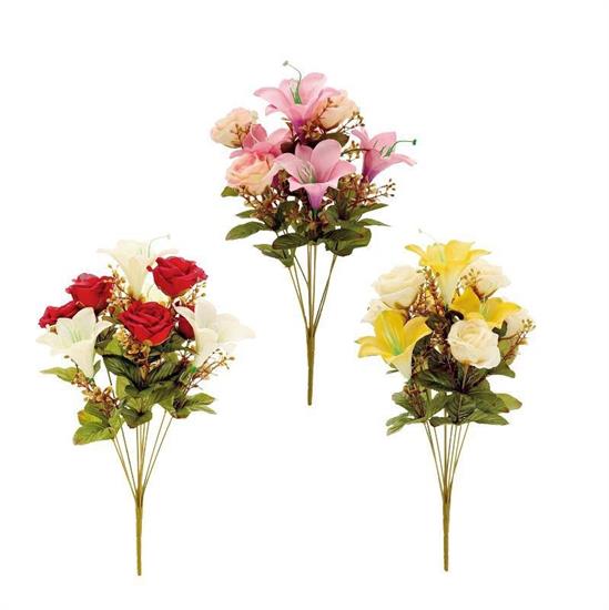 FIORE BOUQUET ROSE E GIGLI 9 FIORI 44 CM 3 COLORI ASS
