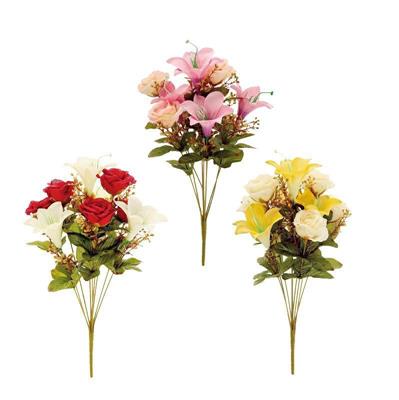 FIORE BOUQUET ROSE E GIGLI 9 FIORI 44 CM 3 COLORI ASS
