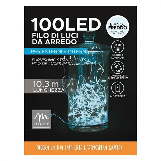 LUCI 100 LED BIANCO FREDDO A BATTERIA 10 MT