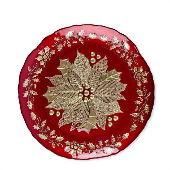 PIATTO TONDO DECORATO ROSSO/ORO IN VETRO D. 33 X H 2 CM