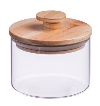 BARATTOLO VETRO COPERCHIO LEGNO D. 11 X H10 CM