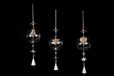 APPENDINO IN VETRO E ELEGNO CON CAMPANELLA D.8XH34CM ASS.