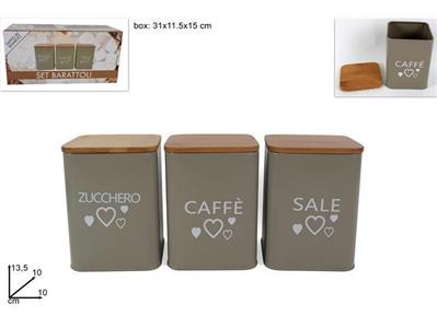 BARATTOLO IN LATTA CON TAPPO BAMBOO SET 3PZ DEC.CUORI