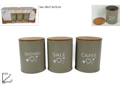 BARATTOLO IN LATTA TONDI CON TAPPO BAMBOO SET 3PZ DEC.CUORI